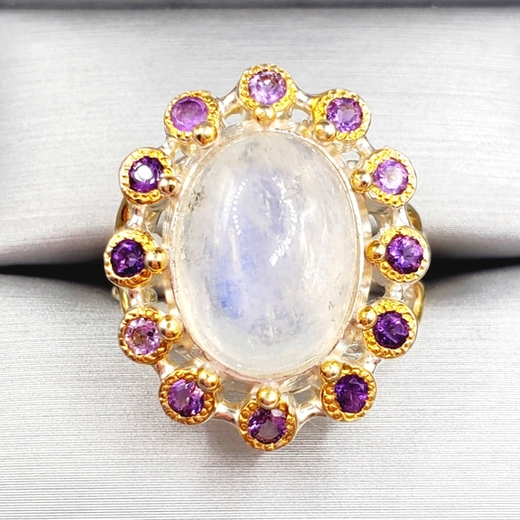 Jewelry - Genuine Moonstone & Purple Amethyst Sterling Silver / 18k Yellow Gold Halo Ring